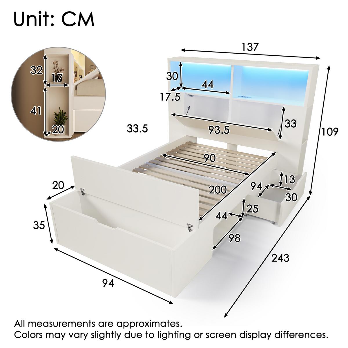 BETT 90x200 cm Weiß Multifunktions mit LED & USB - Weiß, Holzwerkstoff (90/200cm) - Urban Meuble