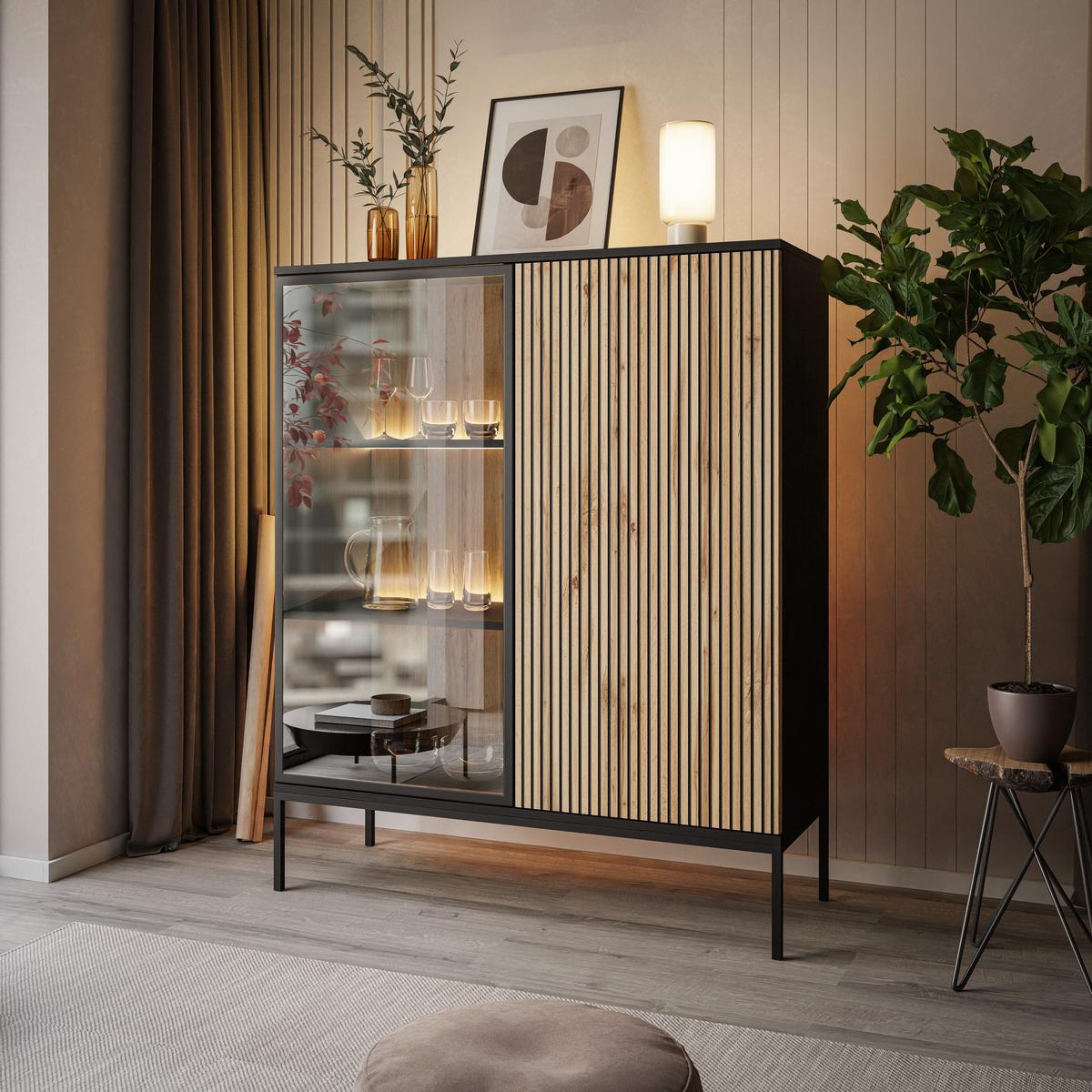 VITRINE ECLIPSE WT104 mit Beleuchtung,Schwarz Eiche Wotan - Eiche Wotan, Holzwerkstoff (104/126/39cm) - Lookway