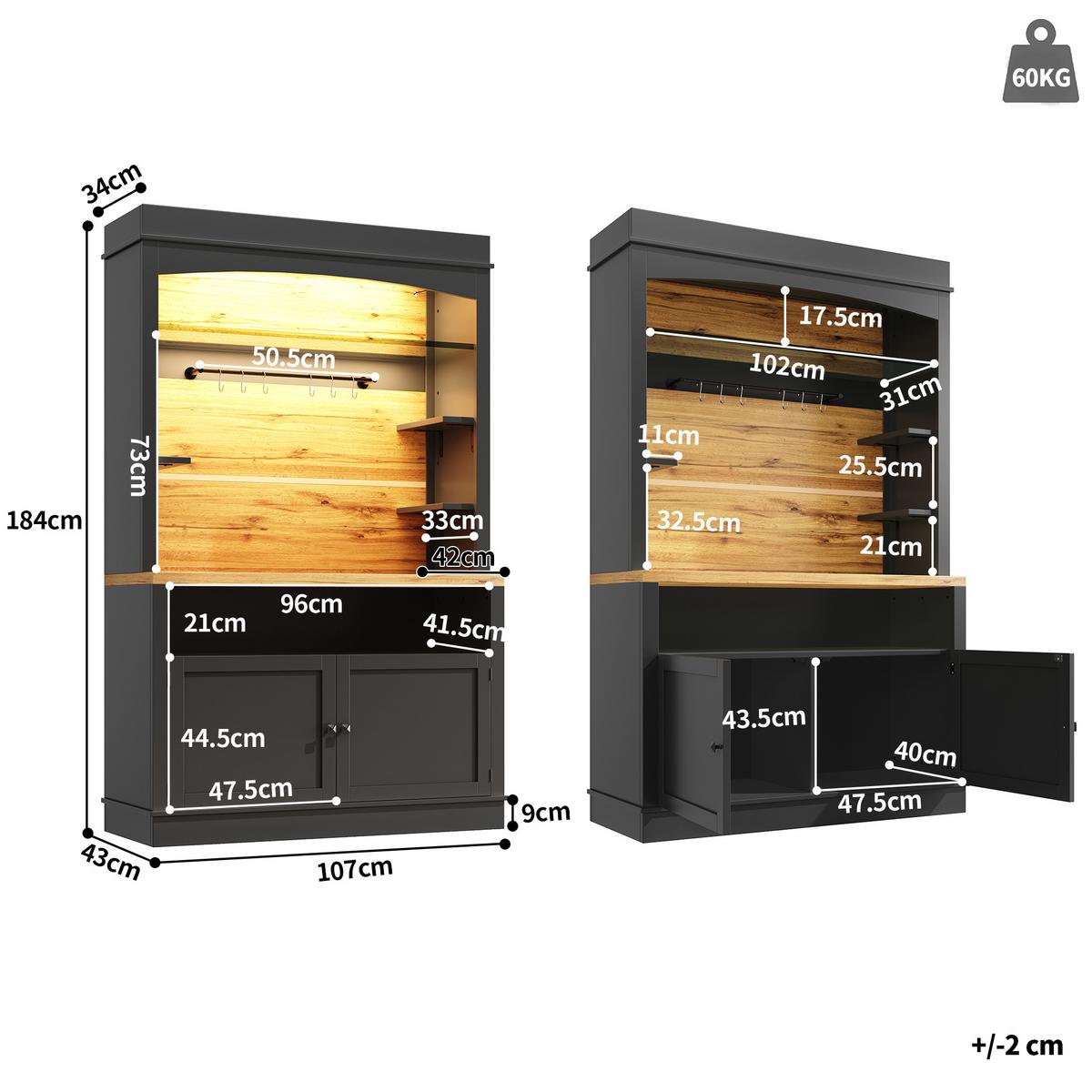 BUFFETSCHRANK Schwarz 107x43x184 cm mit LED-Beleuchtung - Schwarz, Holzwerkstoff (107/184/43cm) - Urban Meuble