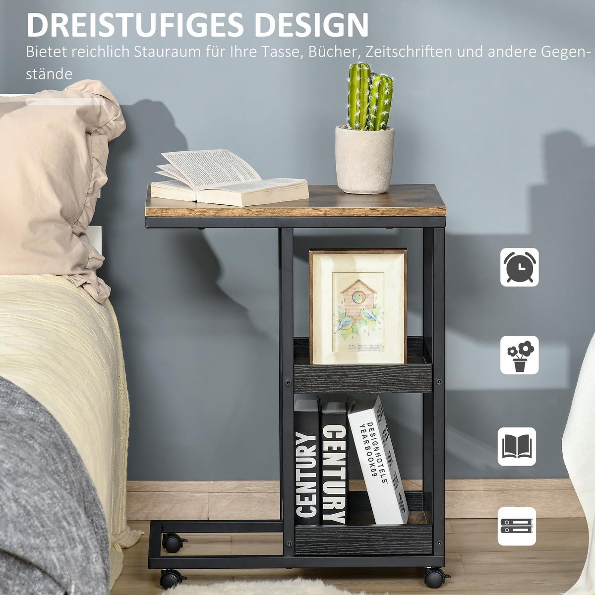 BEISTELLTISCH, Couchtisch mit Rollen, Ablage, im Industrie-Stil, 51 x 33 x 66 cm - Braun, Metall (51/33/66cm) - HOMCOM