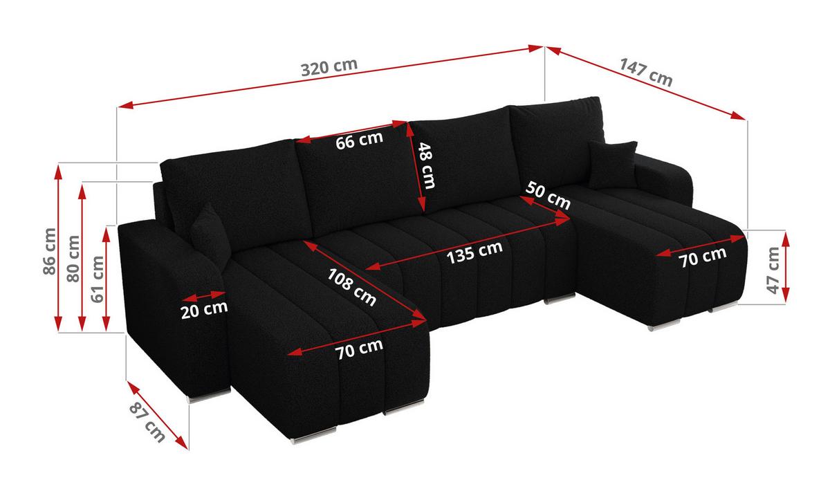WOHNLANDSCHAFT KIRASSO U Schwarz Boucle - Schwarz/Grau, Textil/Metall (320/86/147cm) - MKS