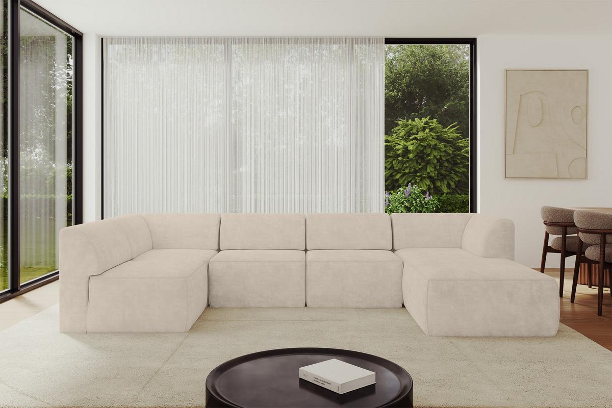 WOHNLANDSCHAFT Ottomane Rechts MOVO-L 345x180x78 cm Beige Velours - Mokka, Holzwerkstoff/Kunststoff (180/78/345cm) - ALTDECOR
