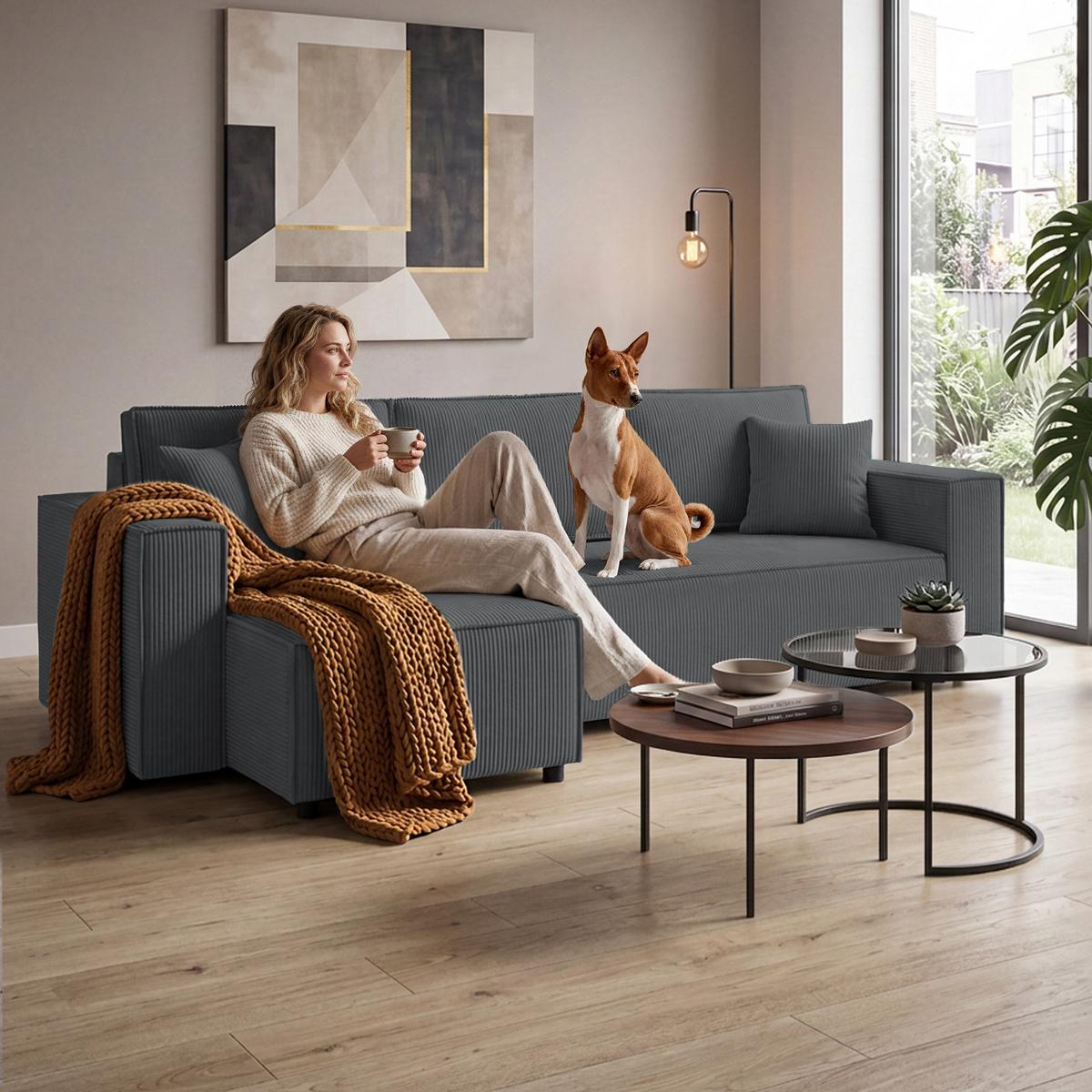 ECKSCHLAFSOFA Neapol mit Bettkasten, 255 cm, Cord-Stoff, Dunkelgrau - Dunkelgrau/Schwarz, Textil (256/148cm) - Beautysofa
