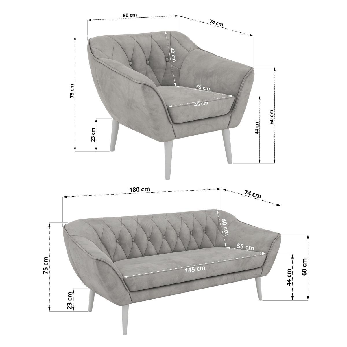 SITZGARNITUR PIRS 3+1+1 - Hellgrau Velvet - Weiße Beine - Hellgrau/Weiß, Holzwerkstoff/Textil (180/75/74cm) - MKS