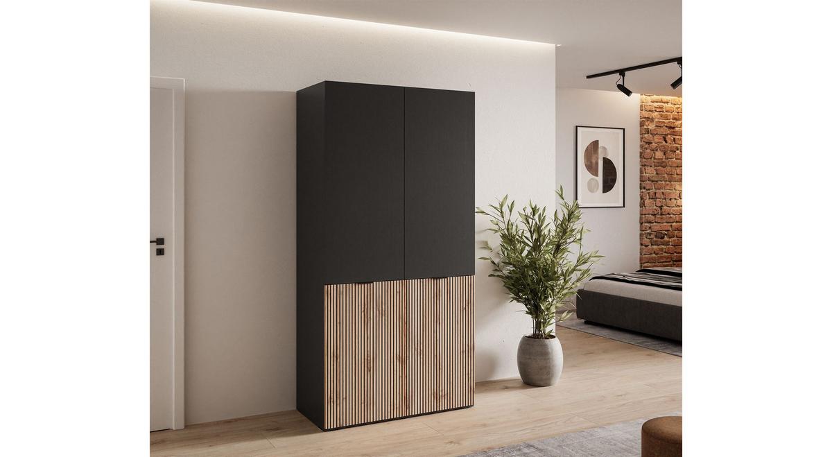 KLEIDERSCHRANK SANDBOX LOFT 100 101/49/200 cm Schwarzgraphit / Schwarzgraphit + Eiche Wotan ohne LED 4 Zusatzböden - Schwarz, Holzwerkstoff/Kunststoff (101/200/49cm) - Lookway