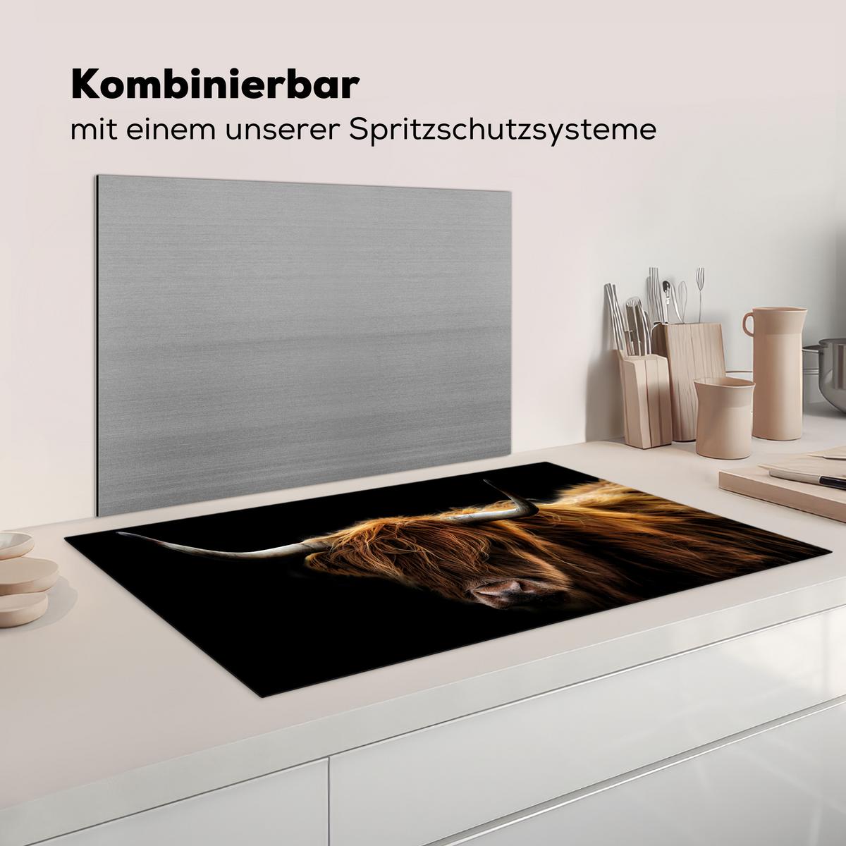 HERDABDECKPLATTE Schottischer Highlander - Hörner - Schwarz - Tiere - Natur - Wild - Kuh Induktionsschutz 89.6x51.6 cm - Cognac, Kunststoff (89.6/51.6/0.2cm) - MuchoWow