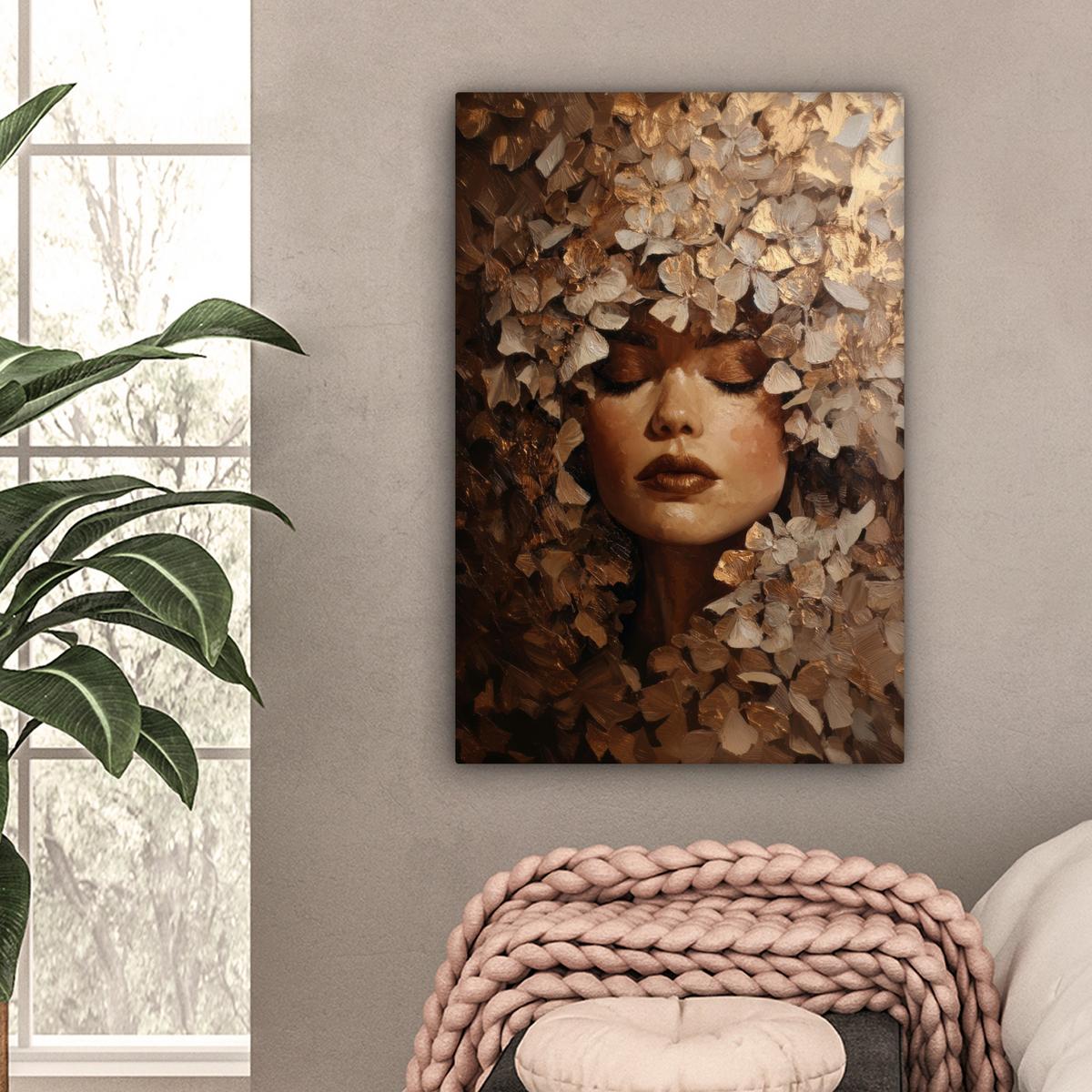 LEINWANDBILD Gesicht - Dame - Blätter - Pinselstriche Wanddeko 40x60 cm - Goldfarben, Textil (40/60cm) - MuchoWow