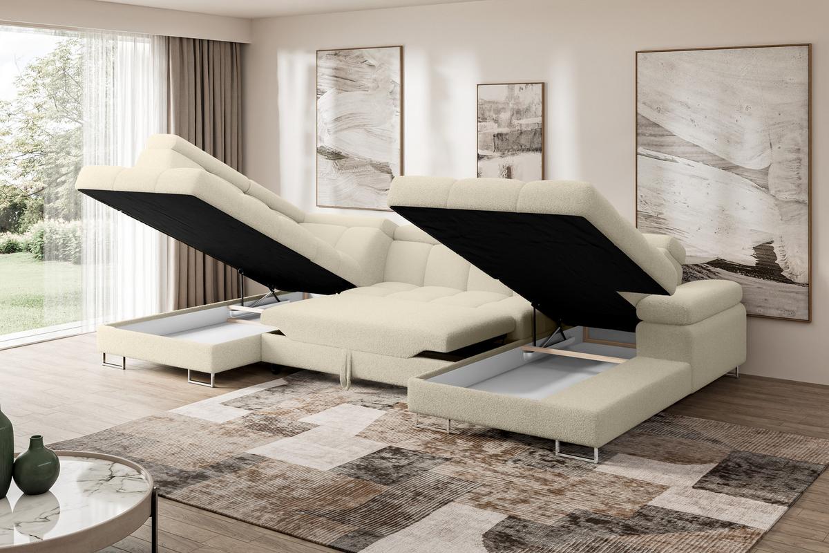 WOHNLANDSCHAFT mit Schlaffunktion und Bettkasten Ottomane Links COMA U 345x203x79 Beige Bouclé - Sandfarben, Holzwerkstoff/Textil (345/79/203cm) - ALTDECOR