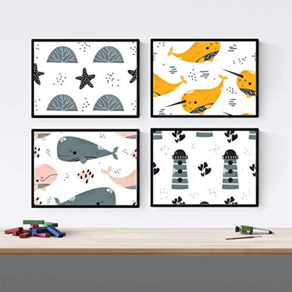 POSTER Set mit 4 Grauwal Orange Leuchtturm und Seestern A4 Schwarzer Rahmen - Schwarz, Papier (29.7/3cm) - Nacnic