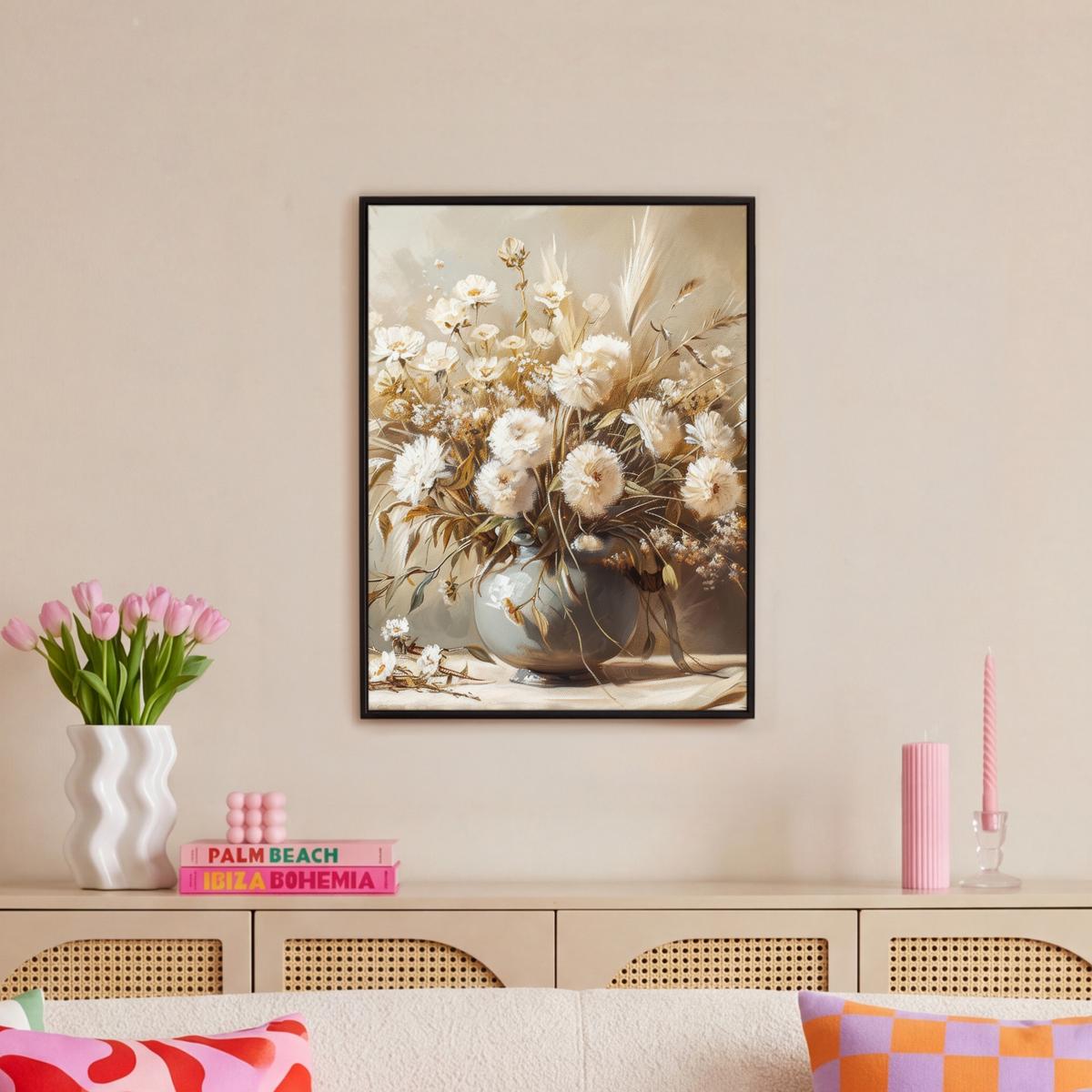 LEINWAND Bilder mit Rahmen - Blumen - Vase - Stilleben - Beige - 50x70 - Creme, Textil (50/70cm) - MuchoWow