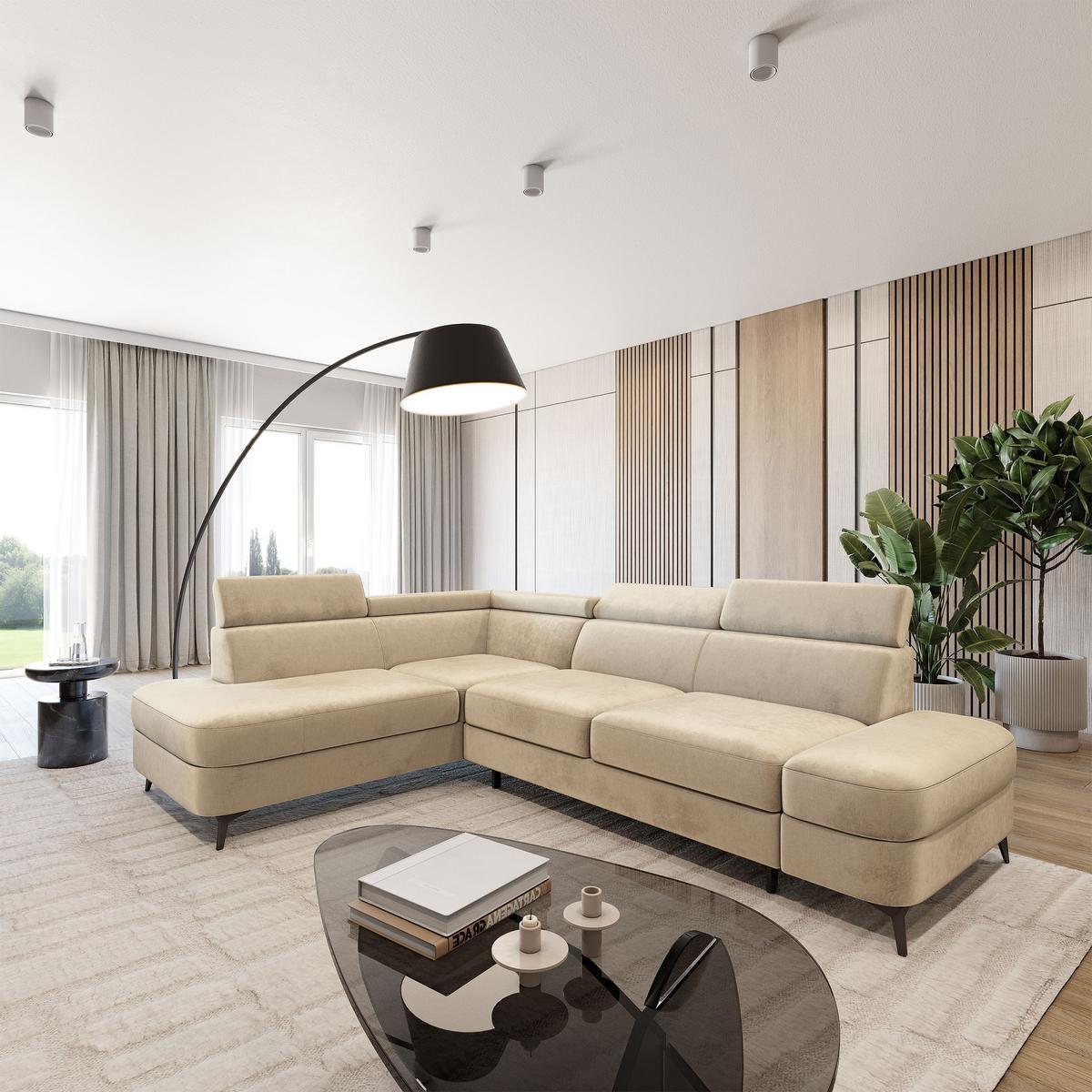 ECKSOFA AVISE M L-S Creme Velours-Stoff mit Schlaffunktion - Creme, Holzwerkstoff/Textil (268/195cm) - MASSENO