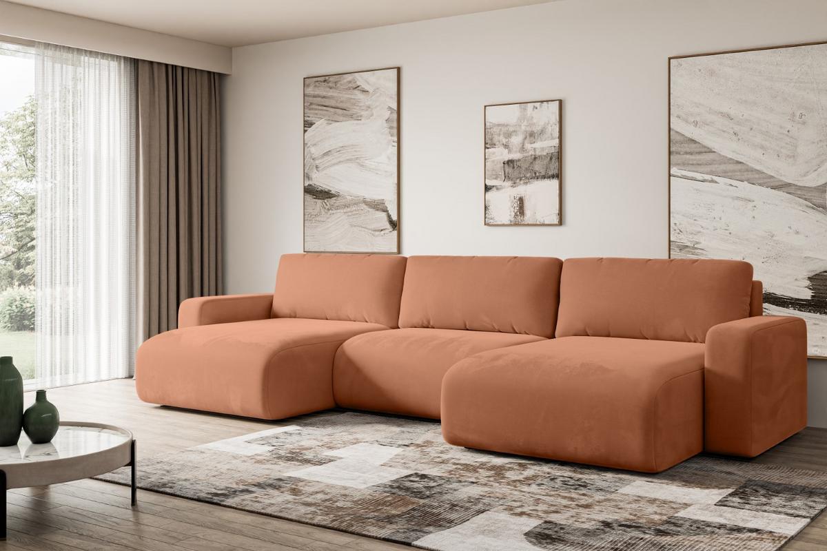 WOHNLANDSCHAFT mit Schlaffunktion und Bettkasten KLEEA-U - 347x143x83 cm Koralle Velours - Koralle/Schwarz, Holzwerkstoff/Kunststoff (347/83/143cm) - ALTDECOR