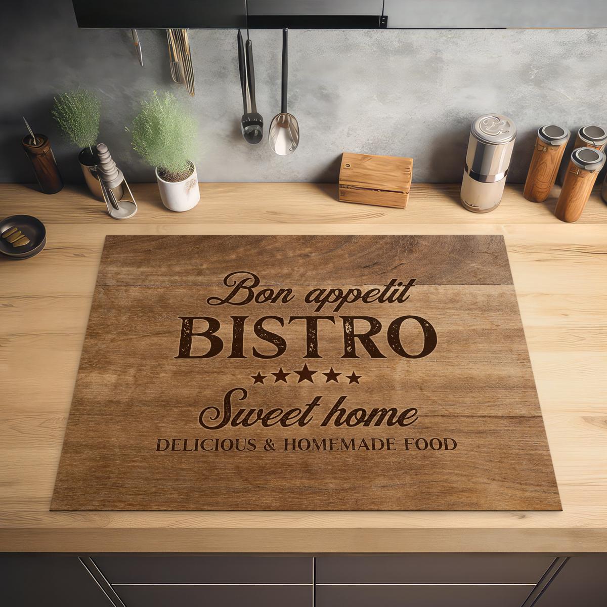 HERDABDECKPLATTE Zitat - Bistro - Guten Appetit - Süßes Zuhause - Holzmaserung Induktionsmatte 77x59 cm - Braun, Kunststoff (77/59/0.2cm) - MuchoWow