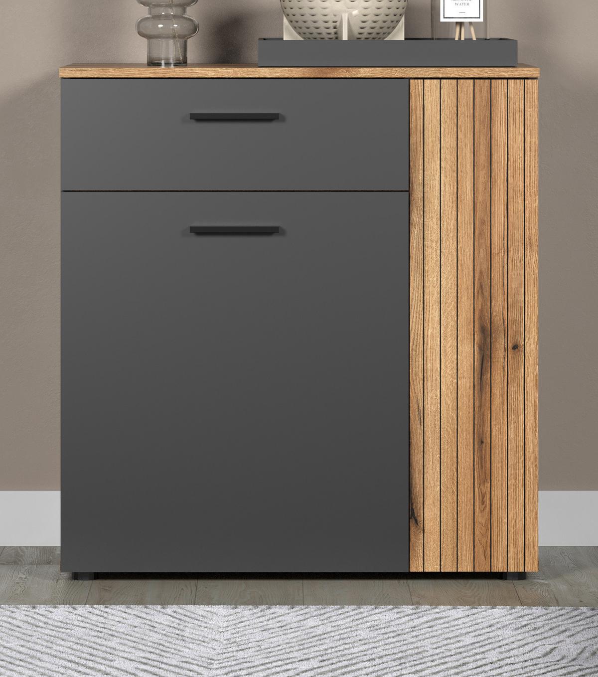 KOMMODE grau, Eiche Evoke 80 cm, Sideboard in modernem Design - Eichefarben/Anthrazit, Holzwerkstoff/Kunststoff (80/86/38cm) - Top.Furn