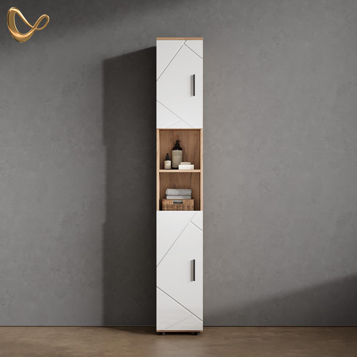 BADSCHRANK Ronco Weiß Hochglanz/Goldkraft Eiche 30 x 192 cm mit Türen, und offenen Fächern - Honigeiche/Weiß Hochglanz, Holzwerkstoff (30/192/30cm) - Livinity®