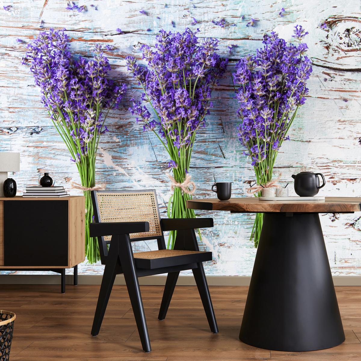 FOTOTAPETE für Küche Lavendelblüten Lila Holz Rustikal 300x210 - Violett/Weiß, Papier (300/210cm) - Muralo
