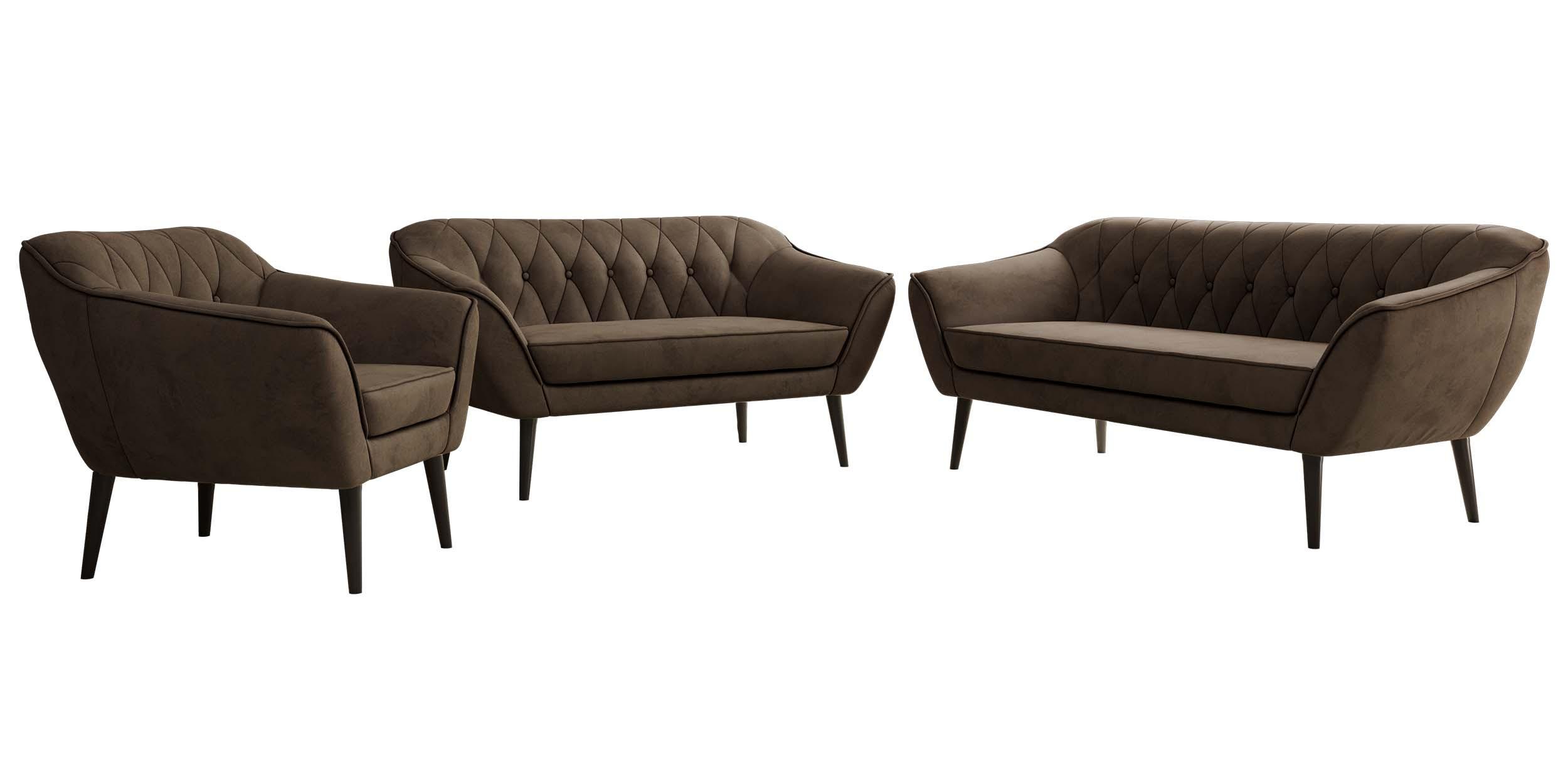 SITZGARNITUR PIRS 3+2+1 - Braun Velvet - Schwarze Beine - Dunkelbraun/Schwarz, Holzwerkstoff/Textil (180/75/74cm) - MKS