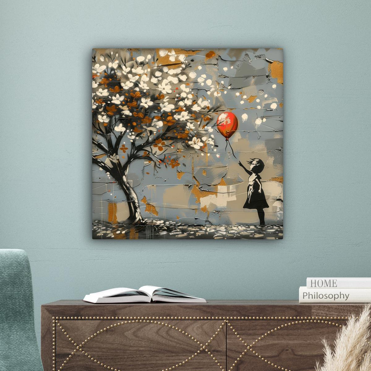 LEINWANDBILD Baum - Graffiti - Banksy-Stil - Ballon-Mädchen Wandbild Wohnzimmer 50x50 cm - Blaugrau, Textil (50/50cm) - MuchoWow