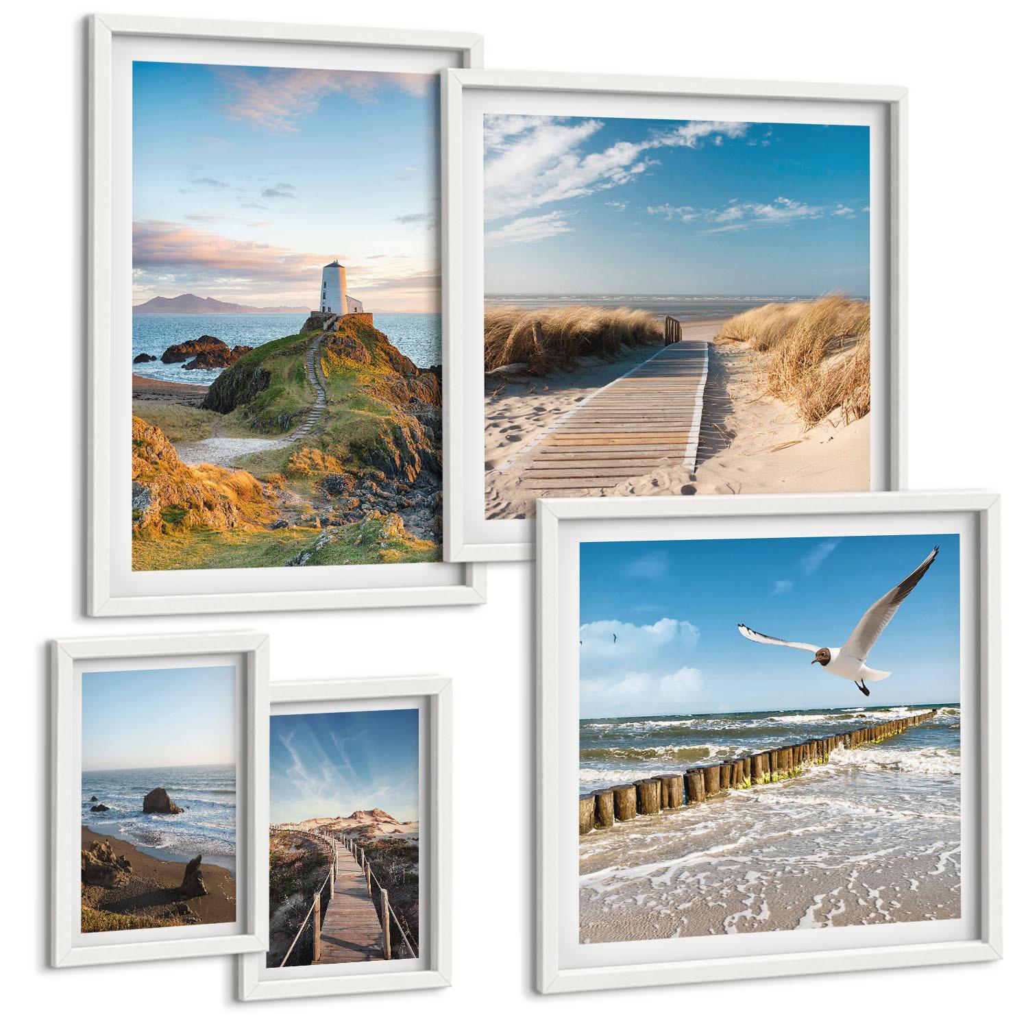 BILDER SET 5er Set - 50x50 cm & 20x30 cm & 40x60 cm Weißer Rahmen - Palmen am Meer, blaues Wasser - Weiß, Kunststoff (40/60cm) - TULUP