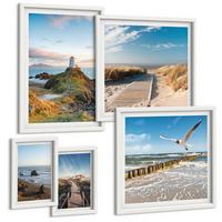 BILDER SET 5er Set - 50x50 cm & 20x30 cm & 40x60 cm Weißer Rahmen - Palmen am Meer, blaues Wasser - Weiß, Kunststoff (40/60cm) - TULUP