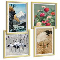 BILDER SET 4er Set - 50x50 cm & 40x60 cm Goldrahmen - Berge, Fluss, Blumen, Kraniche - Goldfarben, Kunststoff (50/50cm) - TULUP