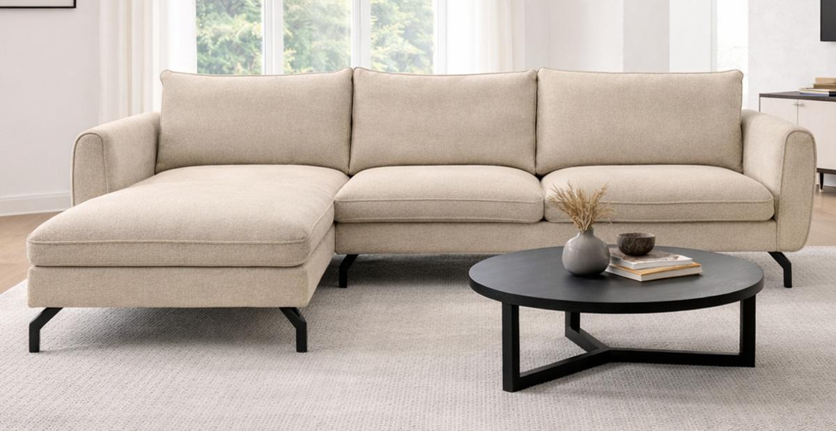 SOFA beige Webstoff 259 x 167 cm, Ecksofa 5-Sitzer, L-Sofa Ottomane links - Beige/Schwarz, Holz/Textil (259/167cm) - Inn.Furn