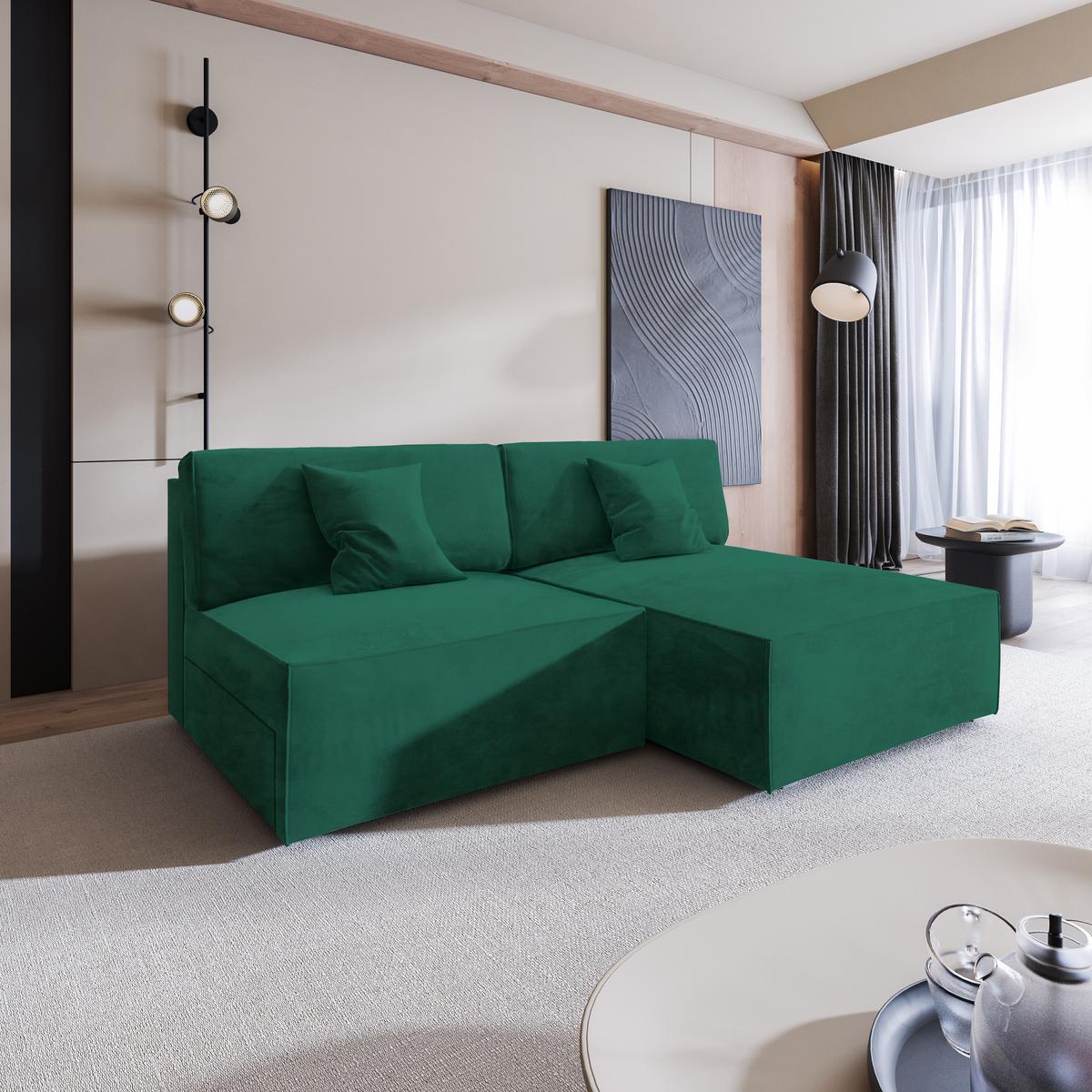ECKSOFA FIORO M Grün Velours-Stoff mit Schlaffunktion - Grau/Grün, Holz/Kunststoff (204/148cm) - MASSENO