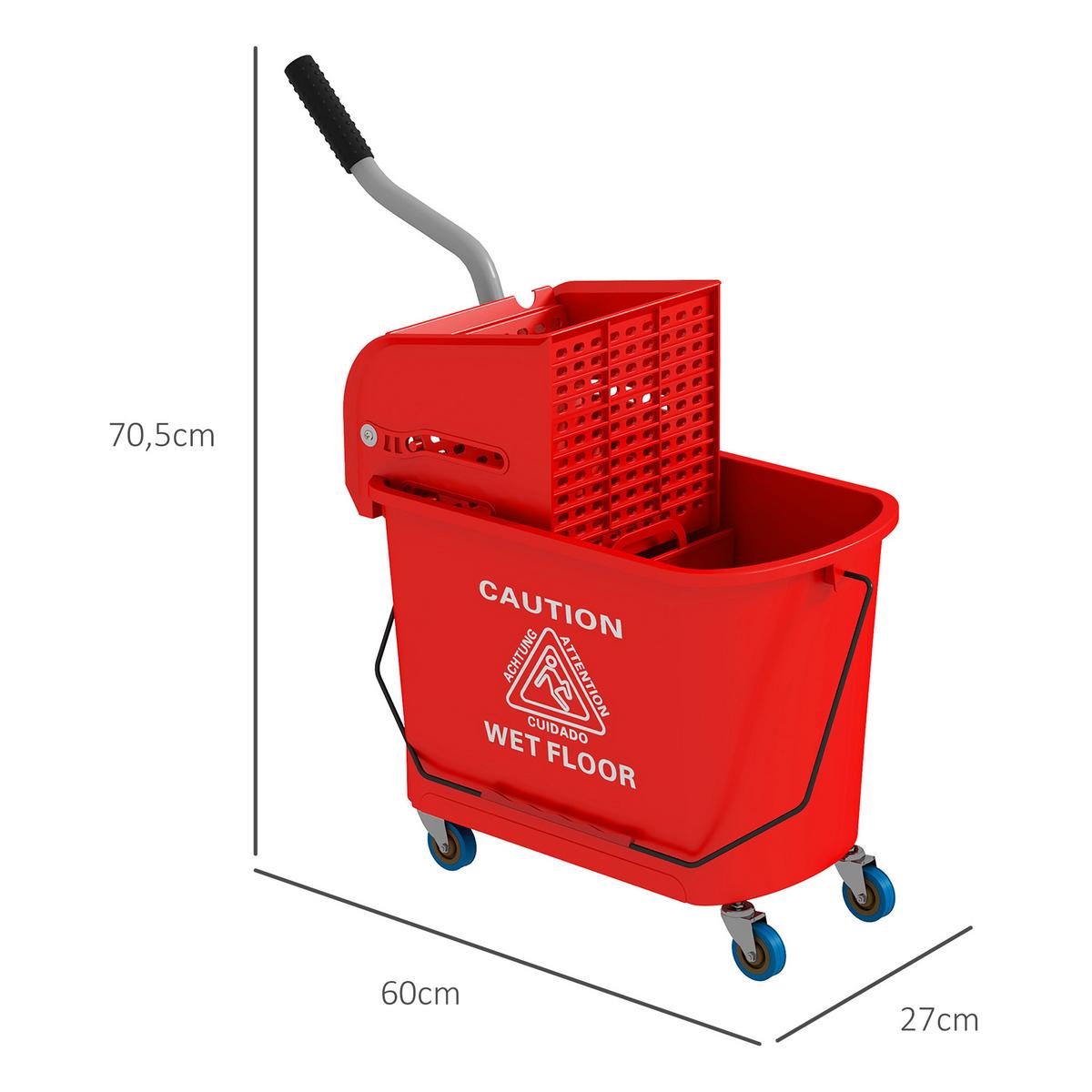 HOMCOM Kompakter Wischeimer mit Wringer und Rollen für die Bodenreinigung, 20 Liter, Separates schmutziges und sauberes Wasser, Rot - Rot, Kunststoff (27/70.5/60cm) - HOMCOM