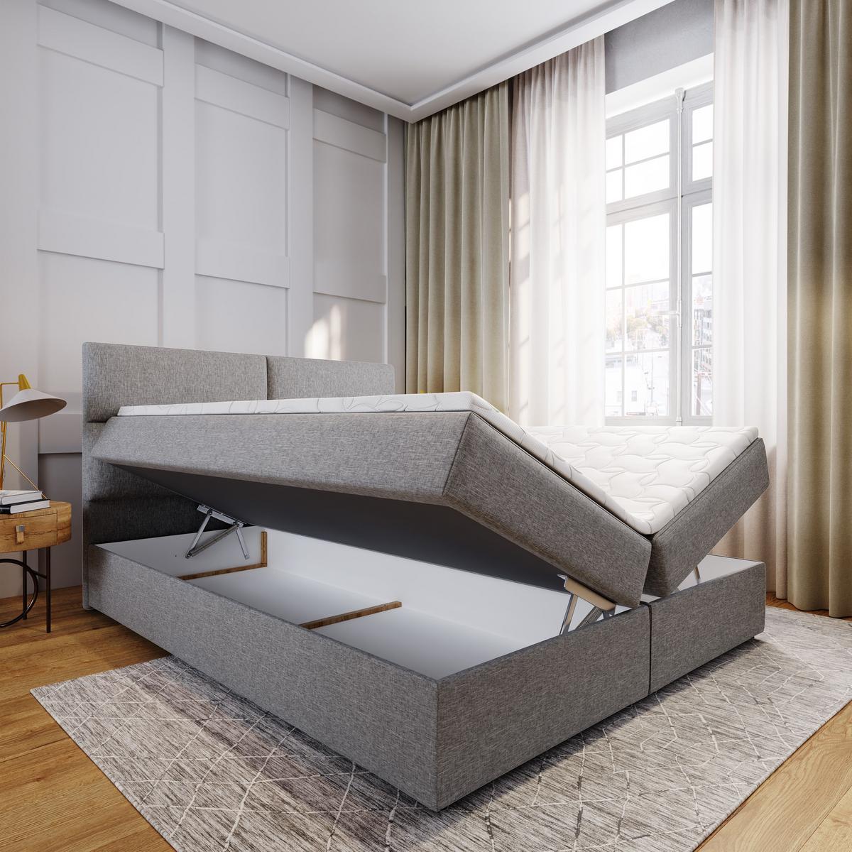 BOXBETT LONIS 140x200 cm mit Matratze und Topper - Grau - Grau, Holz (140/200cm) - MASSENO