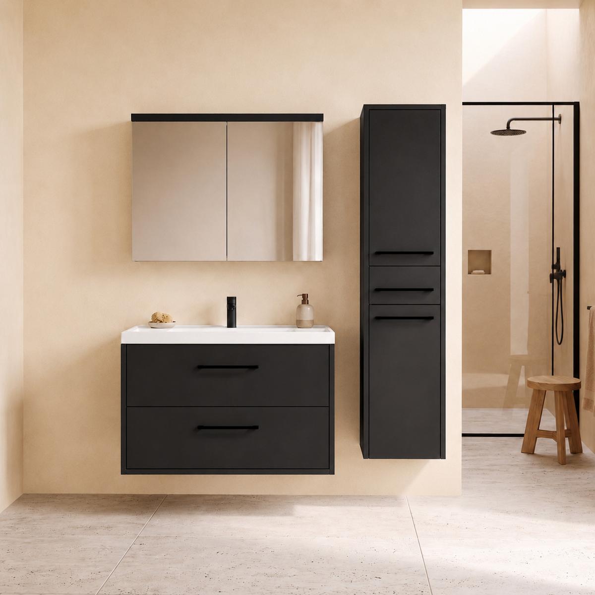 BADMÖBEL-SET Florence 3 Teile Matt Schwarz - 80 x 35 x 51 cm - Schwarz, Holz (80/51/35cm) - Badplaats