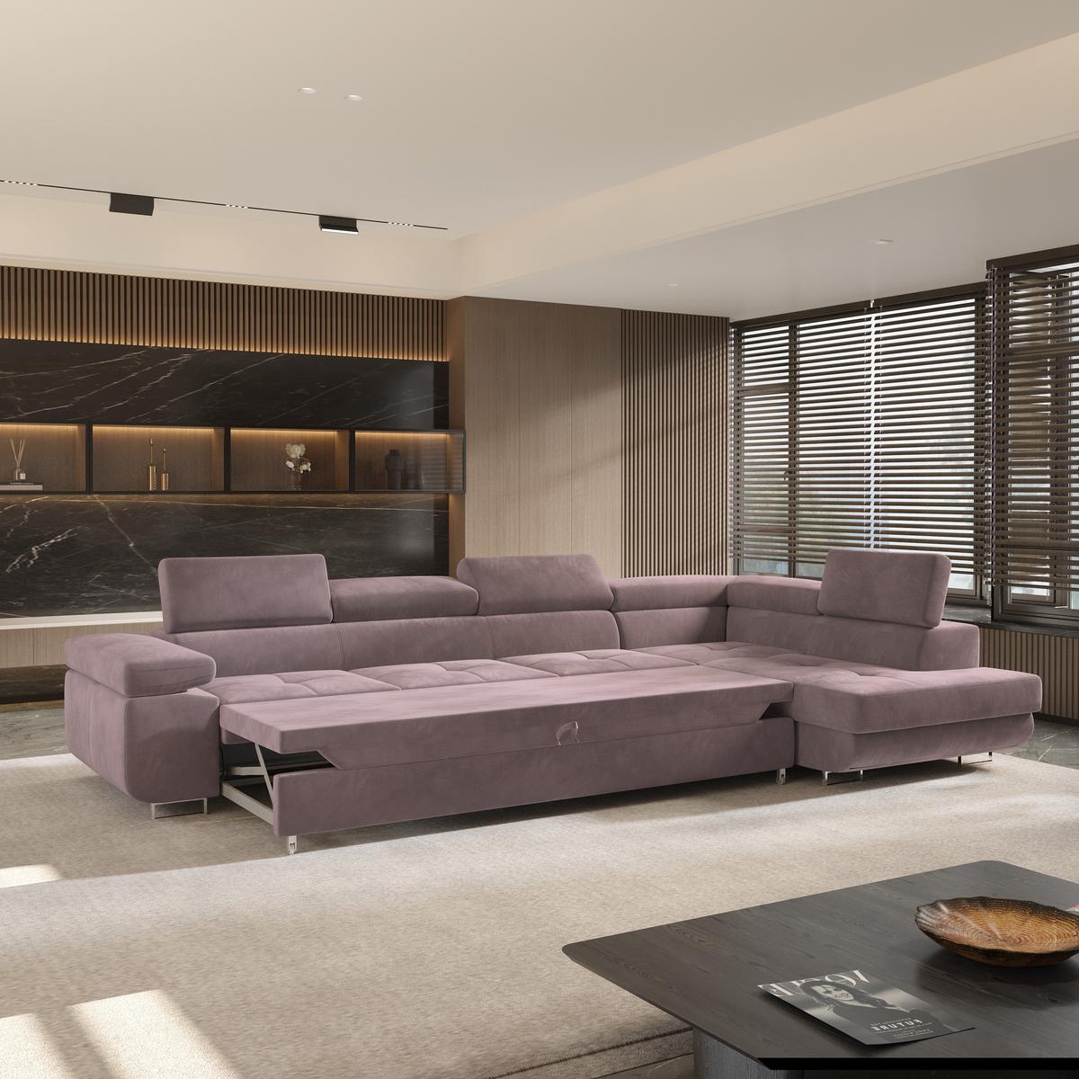 ECKSOFA VICENTE Lila Velours-Stoff mit Schlaffunktion - Lila, Holz (346/202cm) - MASSENO