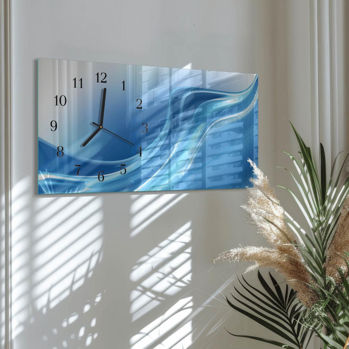 WANDUHR aus Glas 60x30 cm - Blaue Wellen - Blau, Glas (60/30/0.4cm) - TULUP
