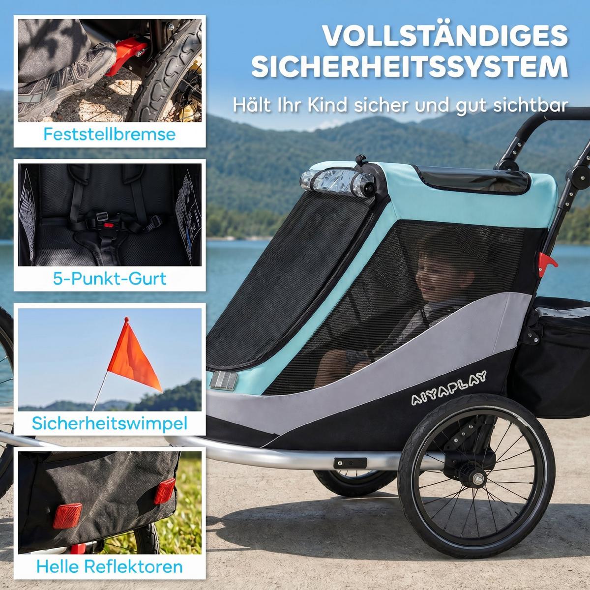 KINDER-FAHRRADANHÄNGER Stahl Aluminium Hellblau - Hellblau, Metall (65/98/155cm) - AIYAPLAY