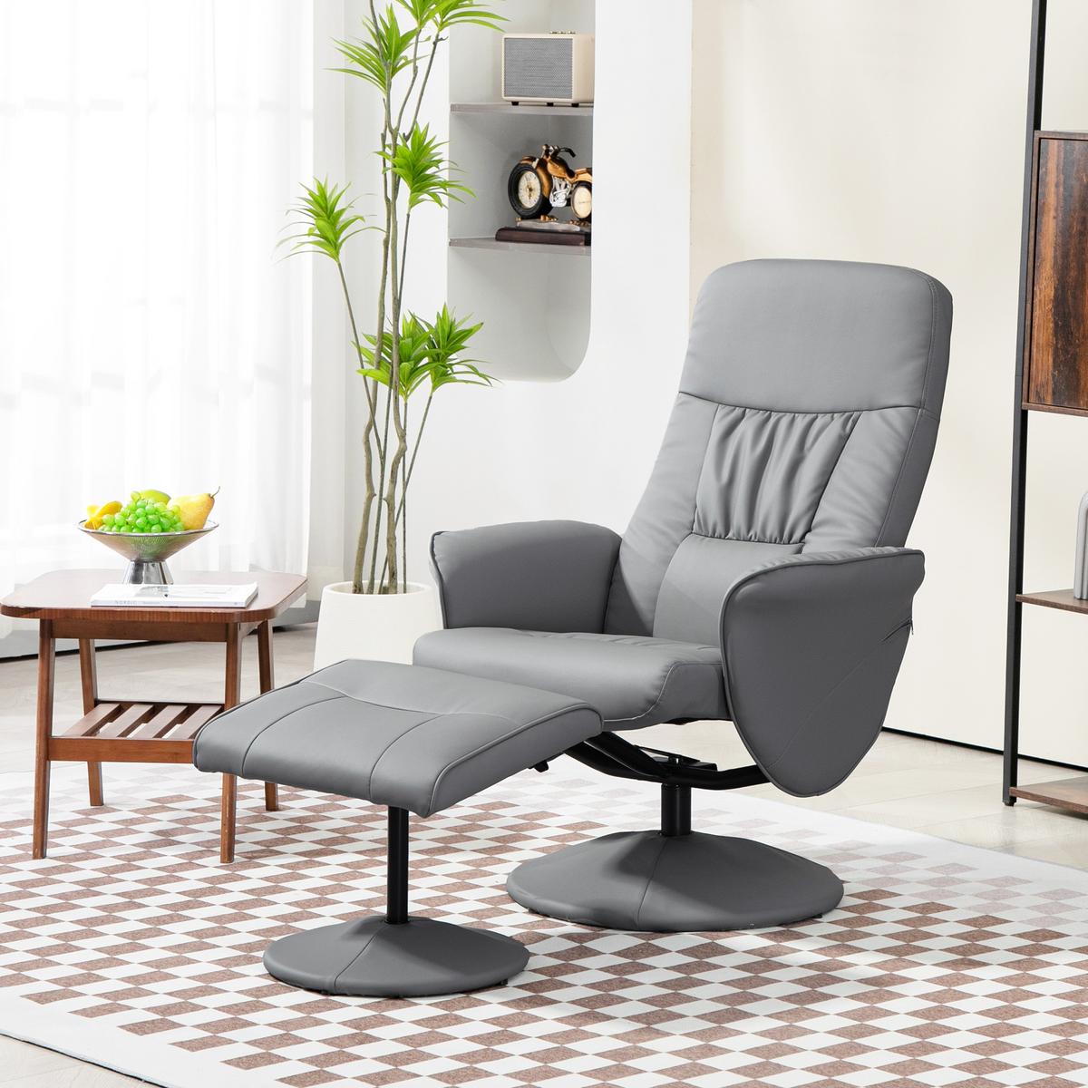 RELAXSESSEL mit Hocker, Fernsehsessel, TV Sessel mit Liegefunktion, Kunstleder - Hellgrau/Grau, Kunststoff/Metall (76/101/81cm) - HOMCOM