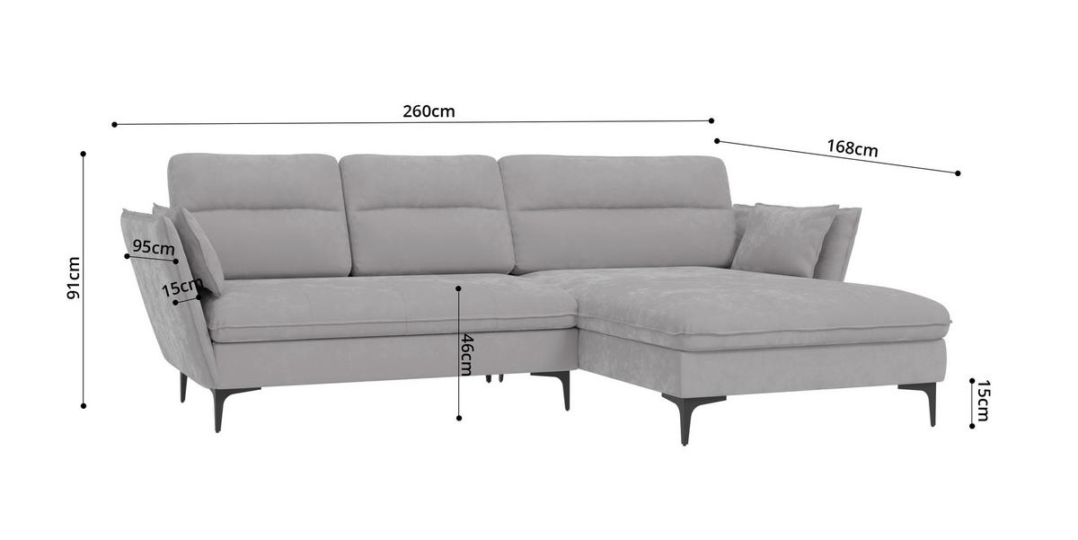 ECKSOFA Mira Hellgrau Samt-Stoff - Hellgrau/Schwarz, Textil/Metall (260/168cm) - S-Style Möbel