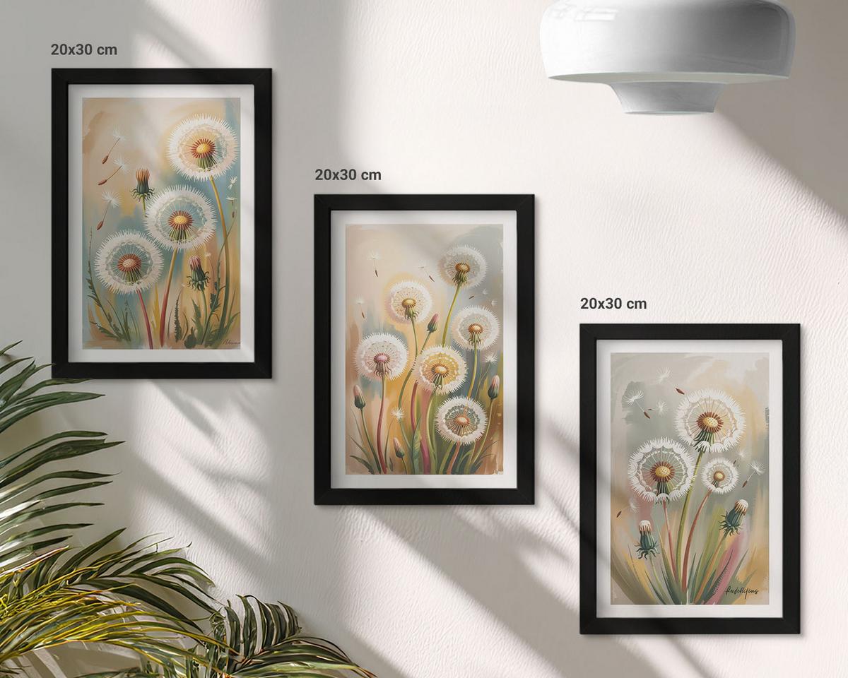 BILDER SET 3er Set - 20x30 cm Schwarzer Rahmen - Löwenzahnblüten, pastellfarbene Gräser - Schwarz, Kunststoff (20/30cm) - TULUP
