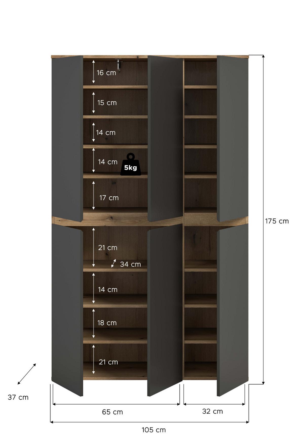 MEHRZWECKSCHRANK grau, Evoke Eiche 105 x 175 cm, Stauraumschrank 6-türig mit 18 Fächern - Eichefarben/Schwarz, Holzwerkstoff/Kunststoff (105/175/37cm) - Inn.Furn