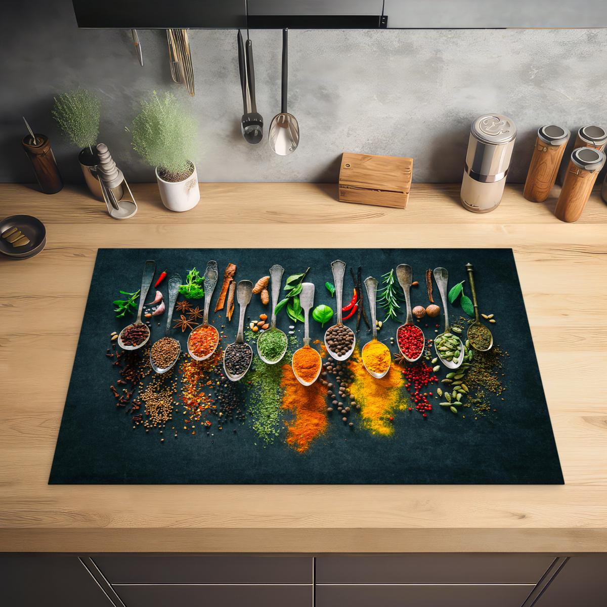 HERDABDECKPLATTE Kräuter - Gewürze - Löffel Ceranfeldabdeckung 80x52 cm - Multicolor, Kunststoff (80/52/0.2cm) - MuchoWow
