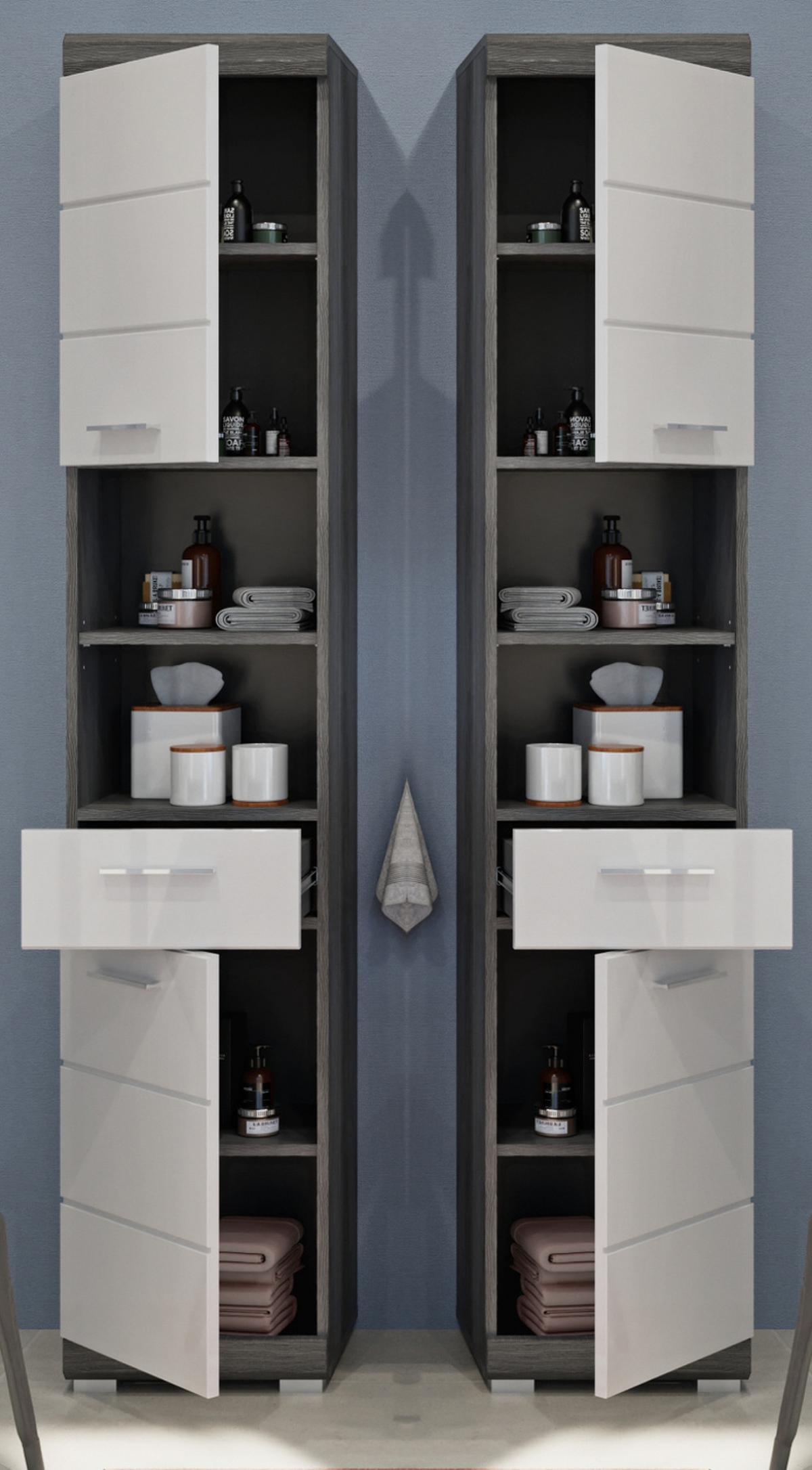 HOCHSCHRANK weiß Hochglanz, grau 190 cm, Badschrank Türanschlag wechselbar - Weiß Hochglanz/Silberfarben, Holzwerkstoff/Kunststoff (37/191/31cm) - Inn.Furn