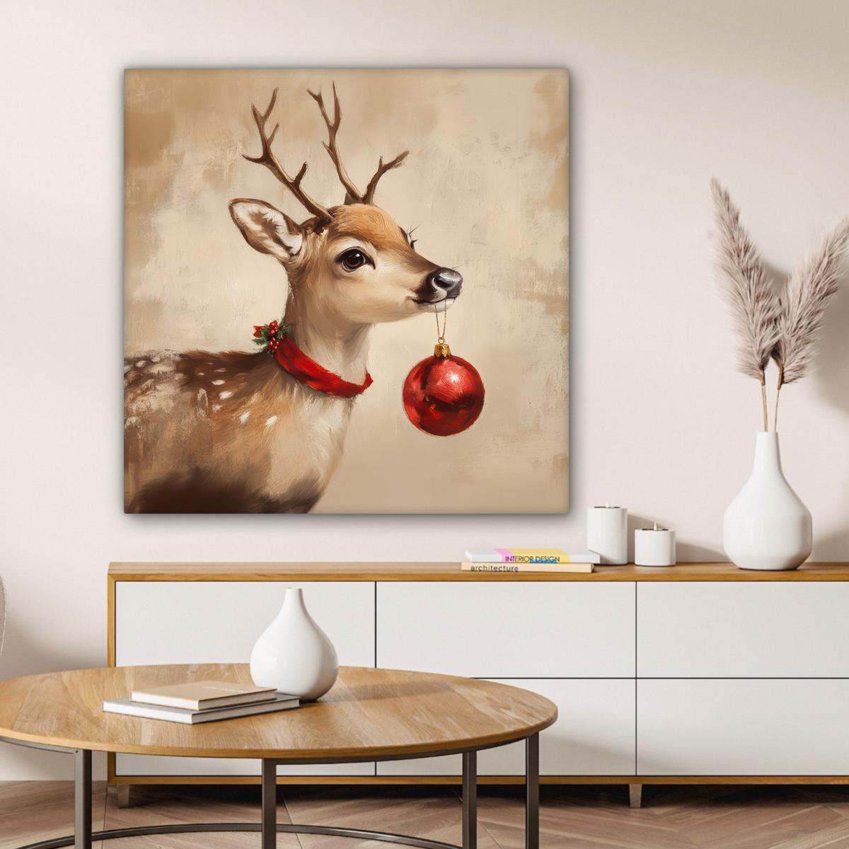 LEINWANDBILD Weihnachten - Hirsch - Geweih - Weihnachtskugel - Rentier Deko Groß 90x90 cm - Hellbraun, Textil (90/90cm) - MuchoWow