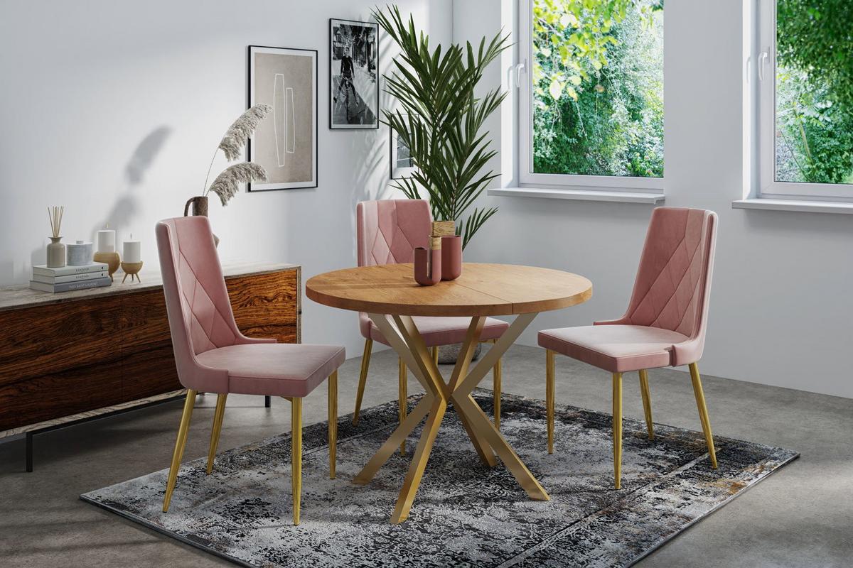 ESSTISCH Flora runder ausziehbarer, Lancelot Eiche 100-180/100/76 cm - Eichefarben/Goldfarben, Holzwerkstoff/Metall (100/180/76cm) - WFL GROUP
