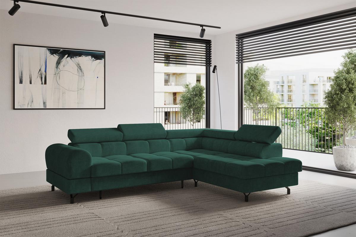 ECKSOFA mit Schlaffunktion Ottomane Rechts LUMA-L 272x203x70 Grün Velours - Waldgrün/Schwarz, Holzwerkstoff/Kunststoff (203/272cm) - ALTDECOR