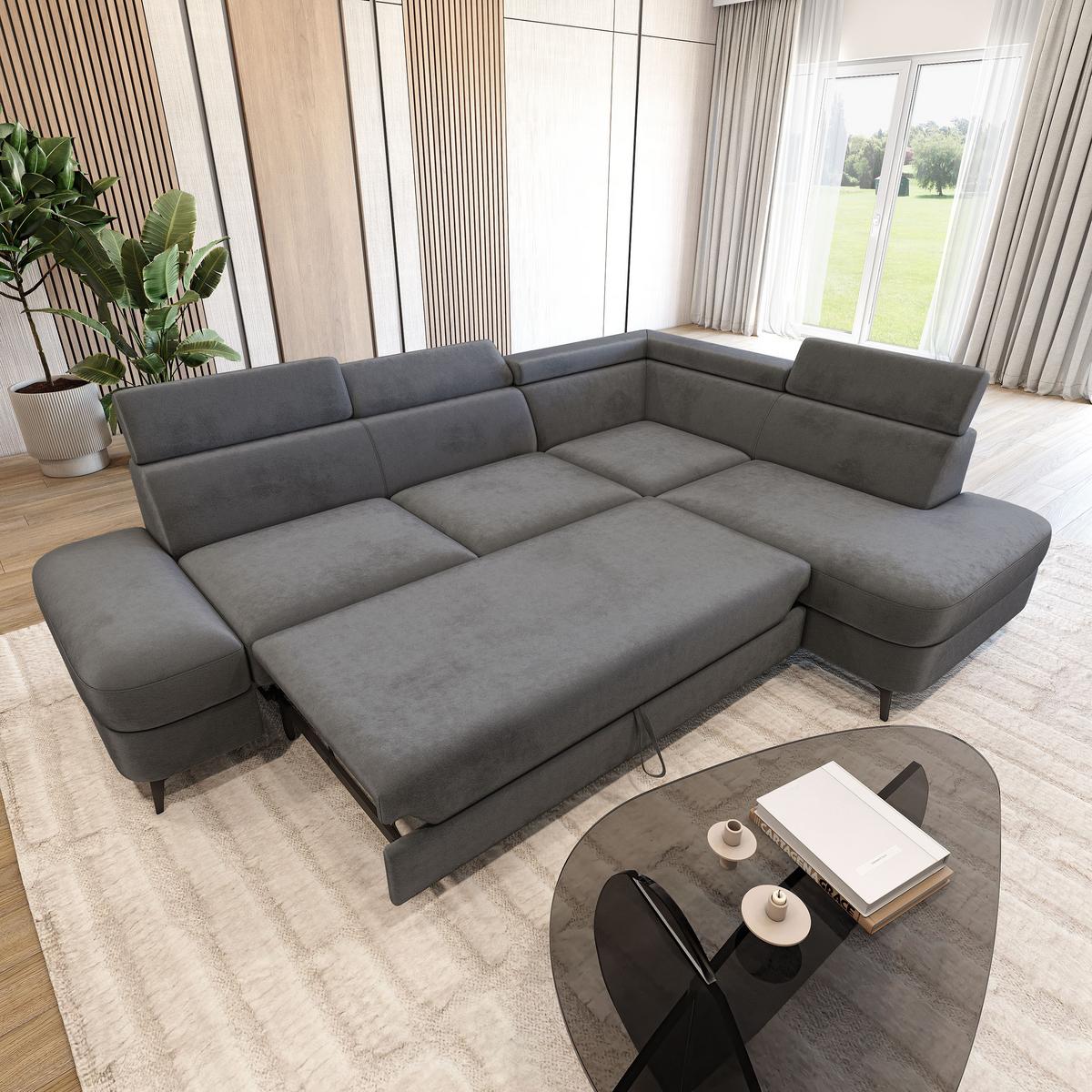 ECKSOFA AVISE M R-S Grau Velours-Stoff mit Schlaffunktion - Grau, Holzwerkstoff/Textil (268/195cm) - MASSENO
