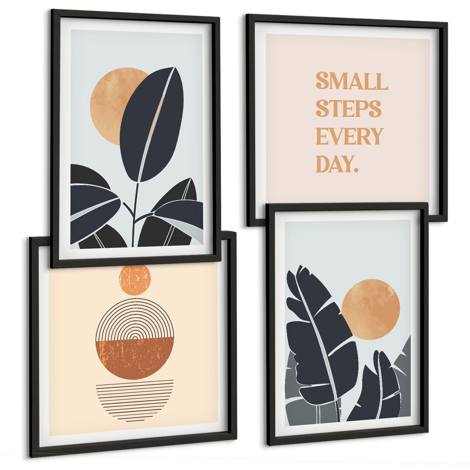 BILDER SET 4er Set - 50x50 cm & 40x60 cm Schwarzer Rahmen - Pflanzenmuster große minimalistische Sonnen - Schwarz, Kunststoff (50/50cm) - TULUP