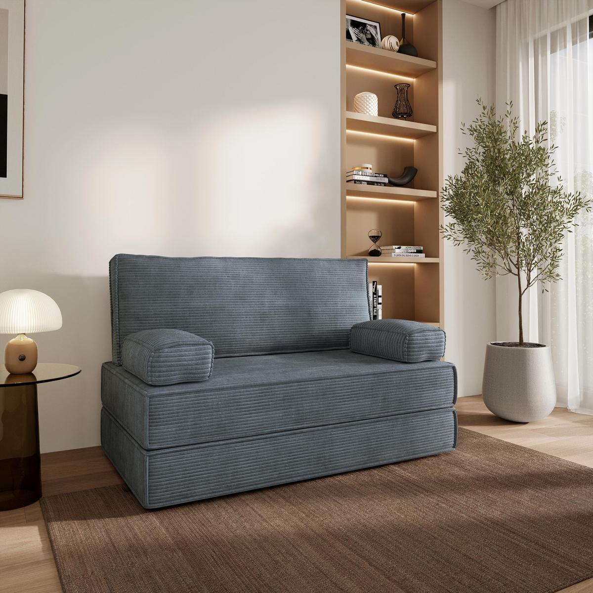 BETTSOFA LADIA aus Schaumstoff Kordstoff Grau Schlaffunktion - Grau, Textil (140/86/60cm) - MASSENO
