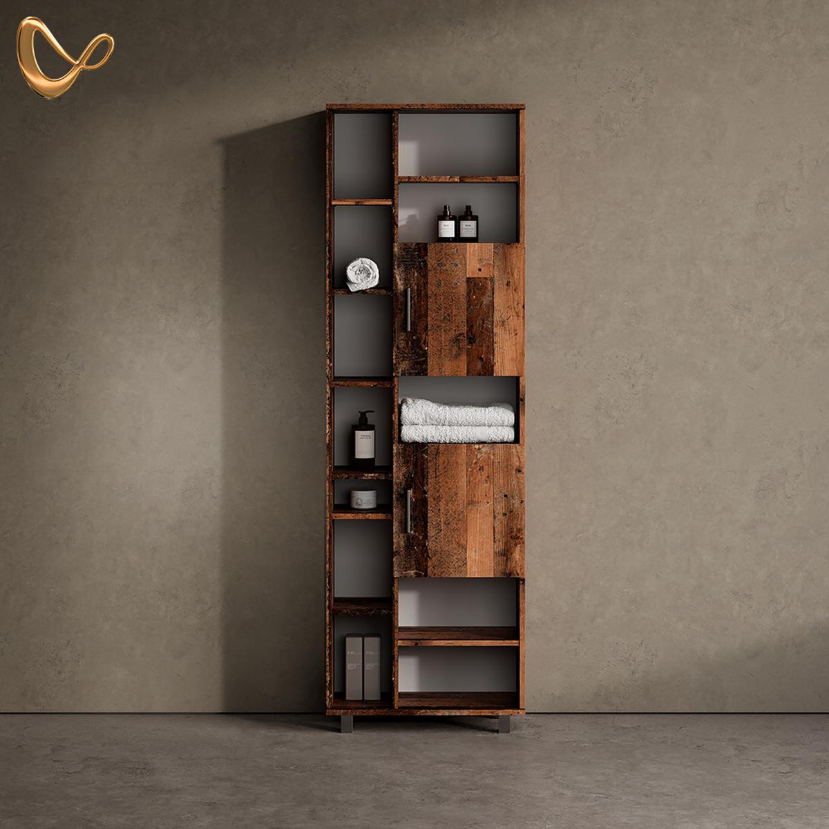 BADSCHRANK Eisak Eiche rustikal 60 x 190 cm mit Türen, und offenen Fächern - Wildeiche, Holzwerkstoff (60/190/30cm) - Livinity®