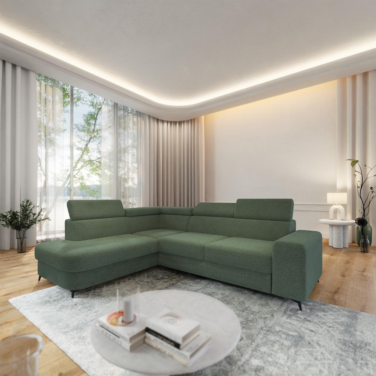 ECKSOFA ALVORO L-S Grün Boucle-Stoff mit Schlaffunktion - Grün, Holz (253/190cm) - MASSENO