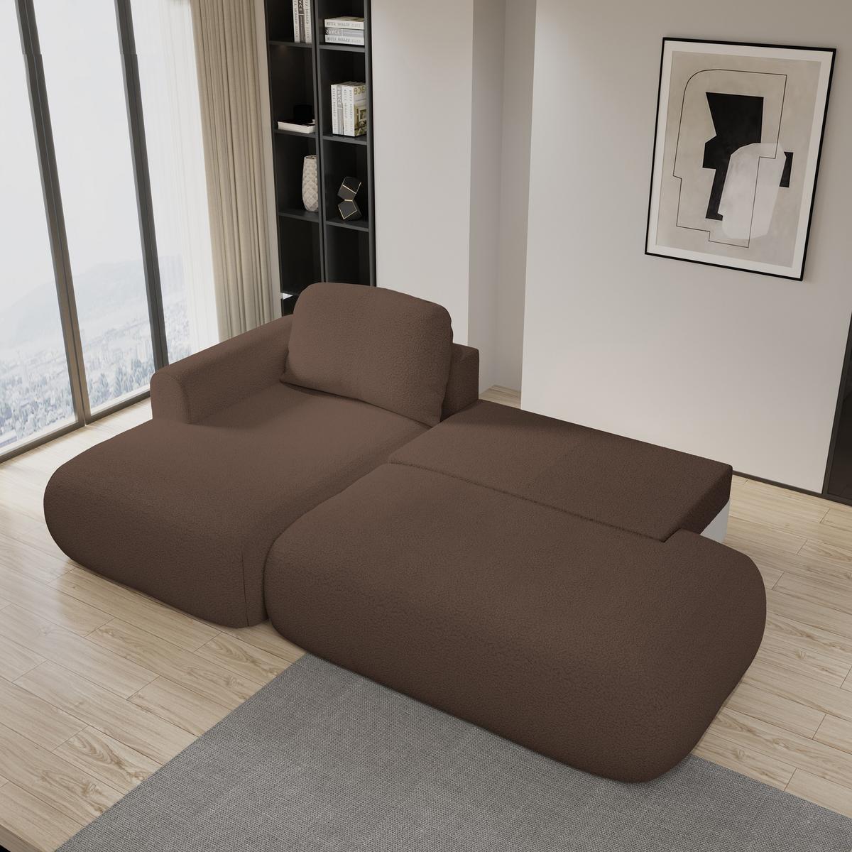 ECKSOFA NUVIRA L-S Braun Boucle-Stoff mit Schlaffunktion - Braun, Holz (279/158cm) - MASSENO