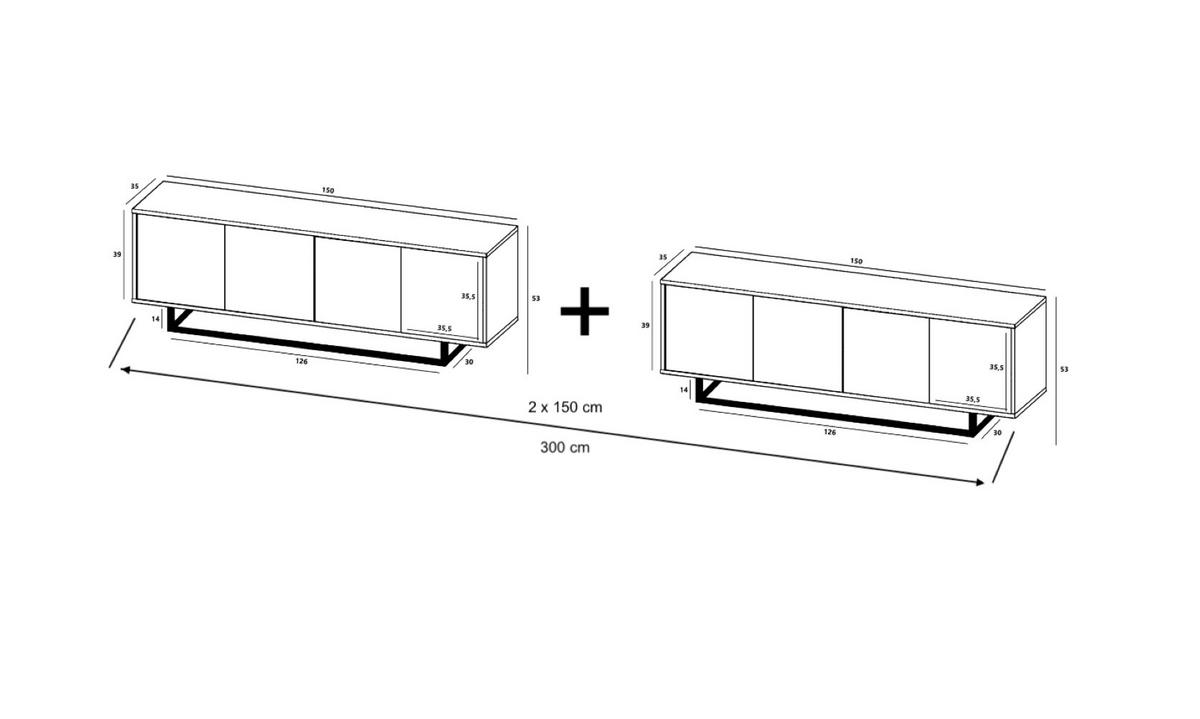 TV-SCHRANK 2-er Set Apollo2 Eiche wotan Schwarz Matt 150 cm - Schwarz, Holzwerkstoff/Metall (300/53/35cm) - Meble Lindner
