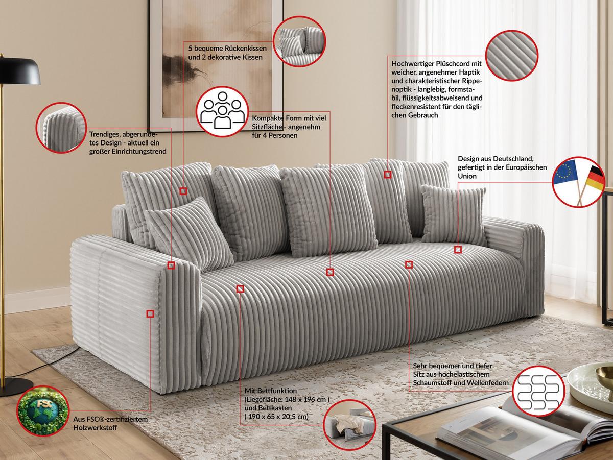 SCHLAFSOFA Calma mit Bettkasten im Bumpy-Design aus weichem Taupe Plüschcord - Taupe/Schwarz, Holz/Kunststoff (239/88/98cm) - S-Style